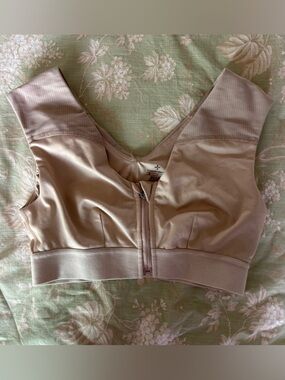 Tommie Copper Sports Bra Womens Small Beige Shoulder Support Zip Activewear Gym